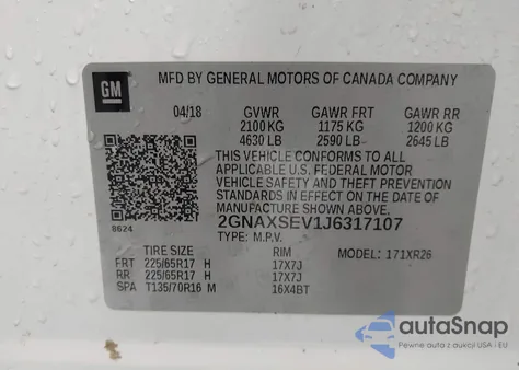 2018 Chevrolet Equinox Lt z USA, uszkodzony, nr VIN 2GNAXSEV1J6317107